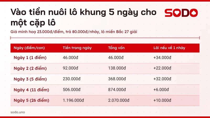 Bảng cách vào tiền nuôi lô khung 5 ngày cho một cặp lô với tiền mỗi ngày, tổng vốn và lãi khi về