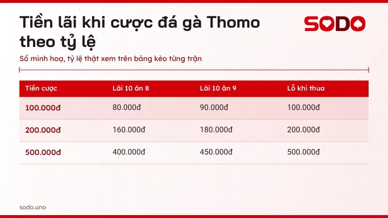 Bảng tính tiền cược đá gà Thomo với tỷ lệ 10 ăn 8 và 10 ăn 9 cho các mức 100.000đ, 200.000đ và 500.000đ